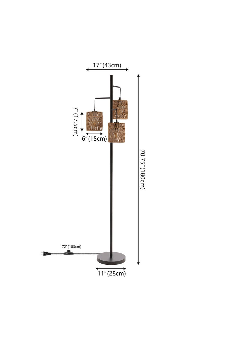 Isla 3-Light Mid-Century Bohemian Metal/Rope LED Floor Lamp, Alternate, color, Black