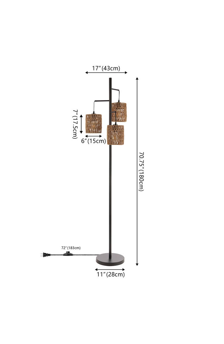 JONATHAN Y Isla 3-Light Mid-Century Bohemian Metal/Rope LED Floor Lamp, Alternate, color, Black