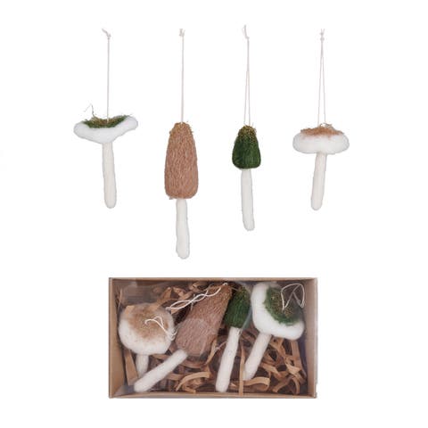 Wool Mushroom Ornaments with Gold Glitter, Multicolor, Set of 4
