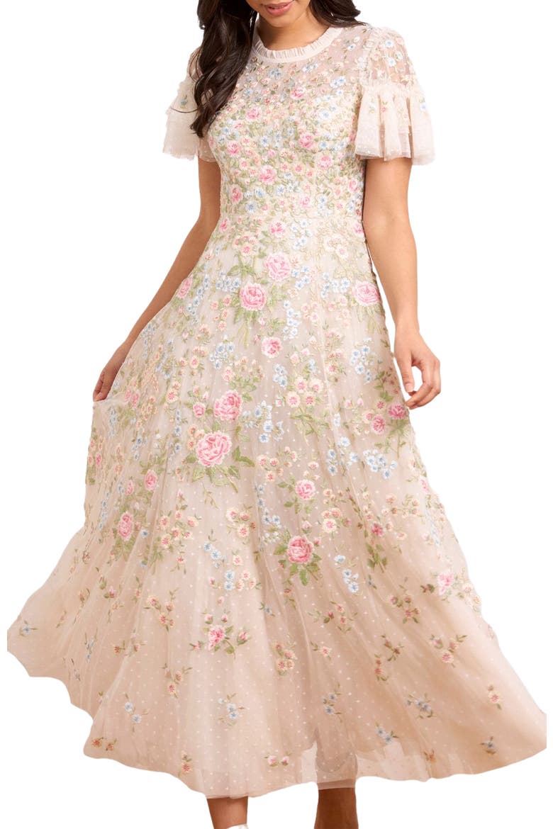 Antoinettes Floral Round Neck Midi Gown, Main, color, Cream