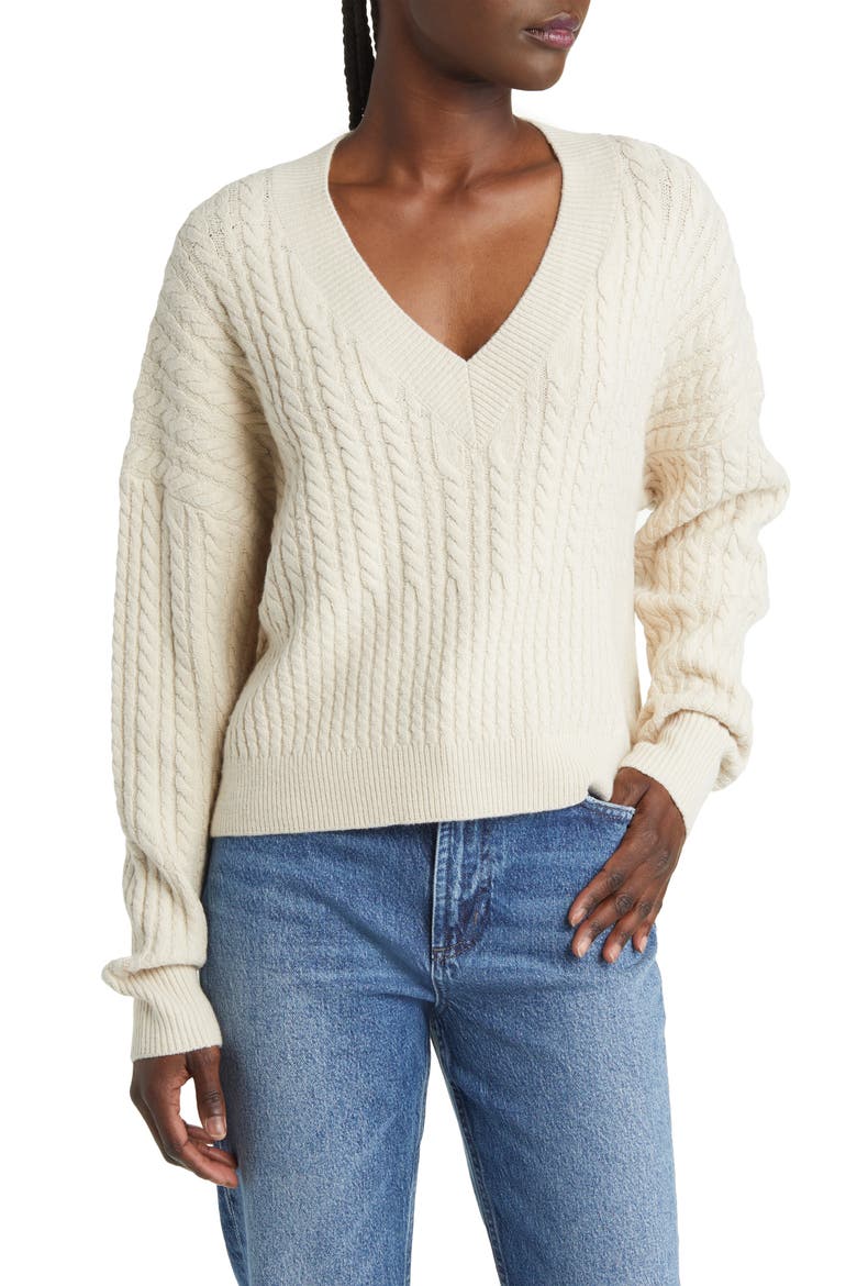 Babysoft V-Neck Cable Knit Sweater, Main, color, CLASSIC CREAM