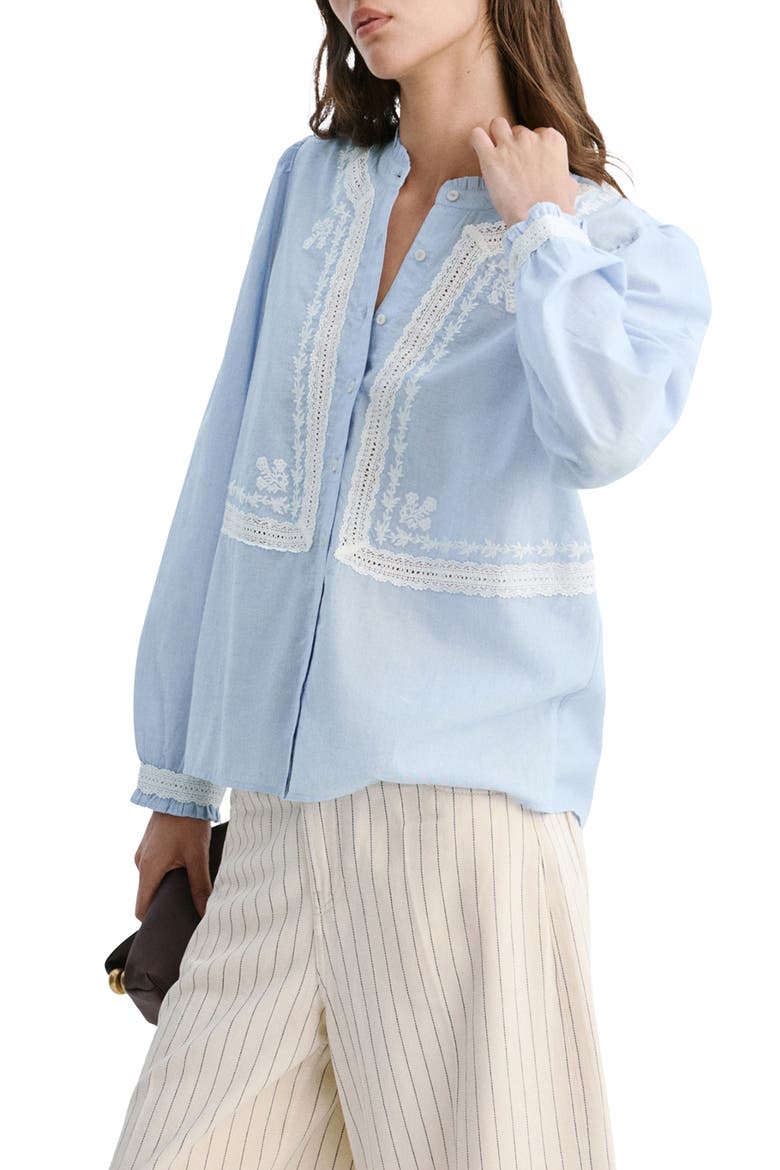 Floral Embroidered Lace Trim Button-Up Shirt, Alternate, color, SKY BLUE