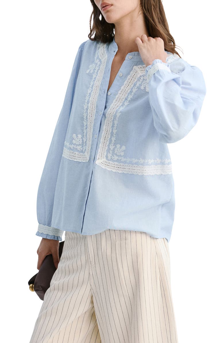 MANGO Floral Embroidered Lace Trim Button-Up Shirt, Alternate, color,