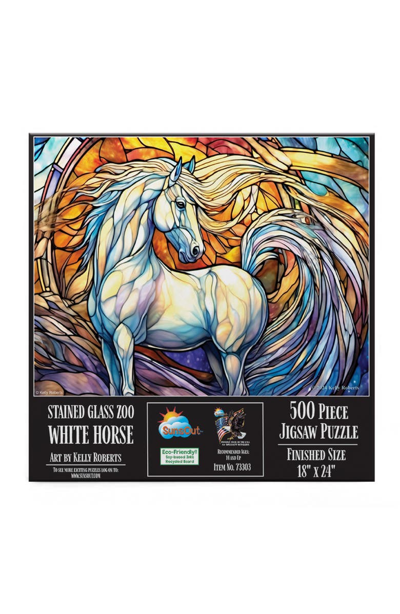 Sunsout Stained Glass Zoo White Horse 500 piece Jigsaw Puzzle for Adults, Alternate, color, Multicolor