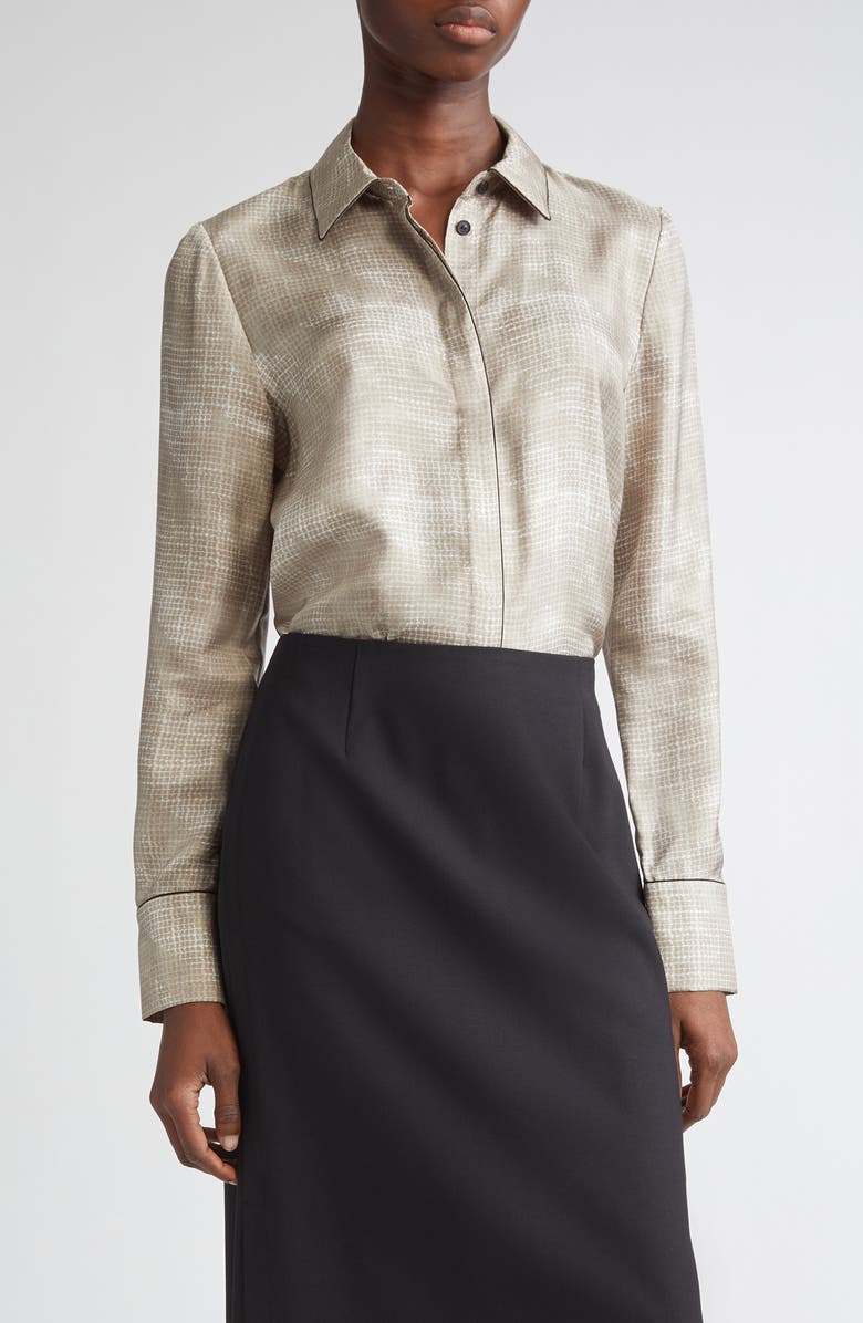 Lafayette 148 New York Scottie Piped Silk Top, Main, color, Hickory Multi