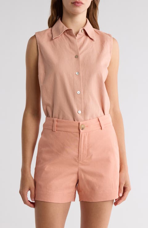 Sleeveless Cotton Blend Button-Up Shirt