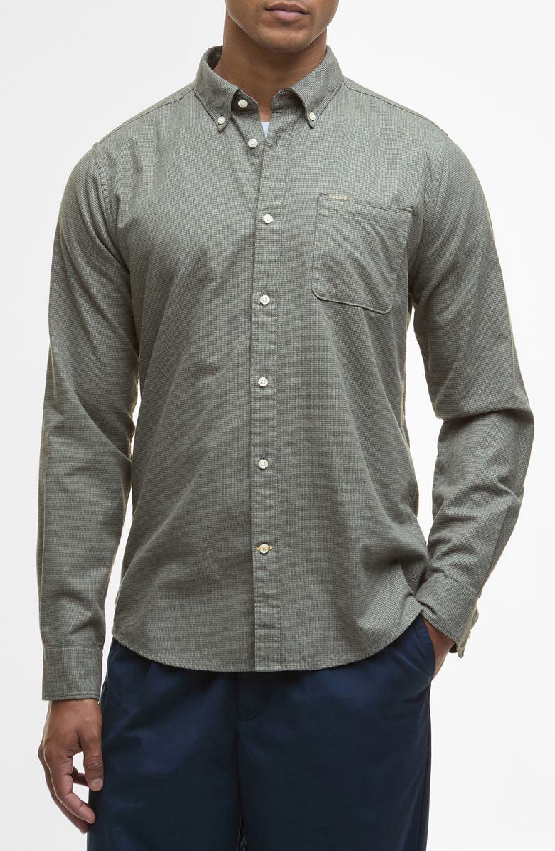 Barbour Huntly Mini Houndstooth Check Cotton Button-Down Shirt, Main, color, Olive