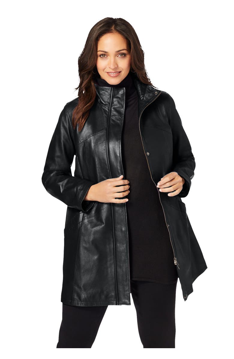 Jessica London A-Line Zip Front Leather Jacket, Main, color, Black