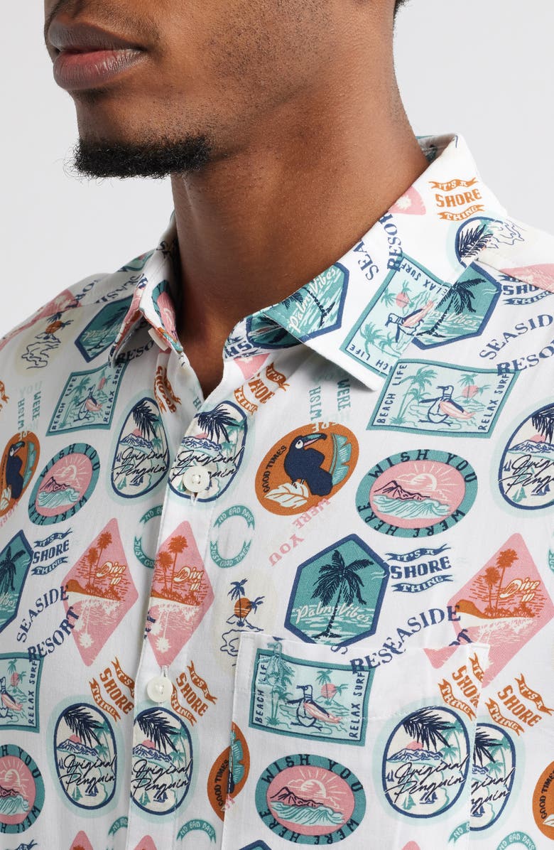 Original Penguin Vacation Print Short Sleeve Button-Up Shirt, Alternate, color,