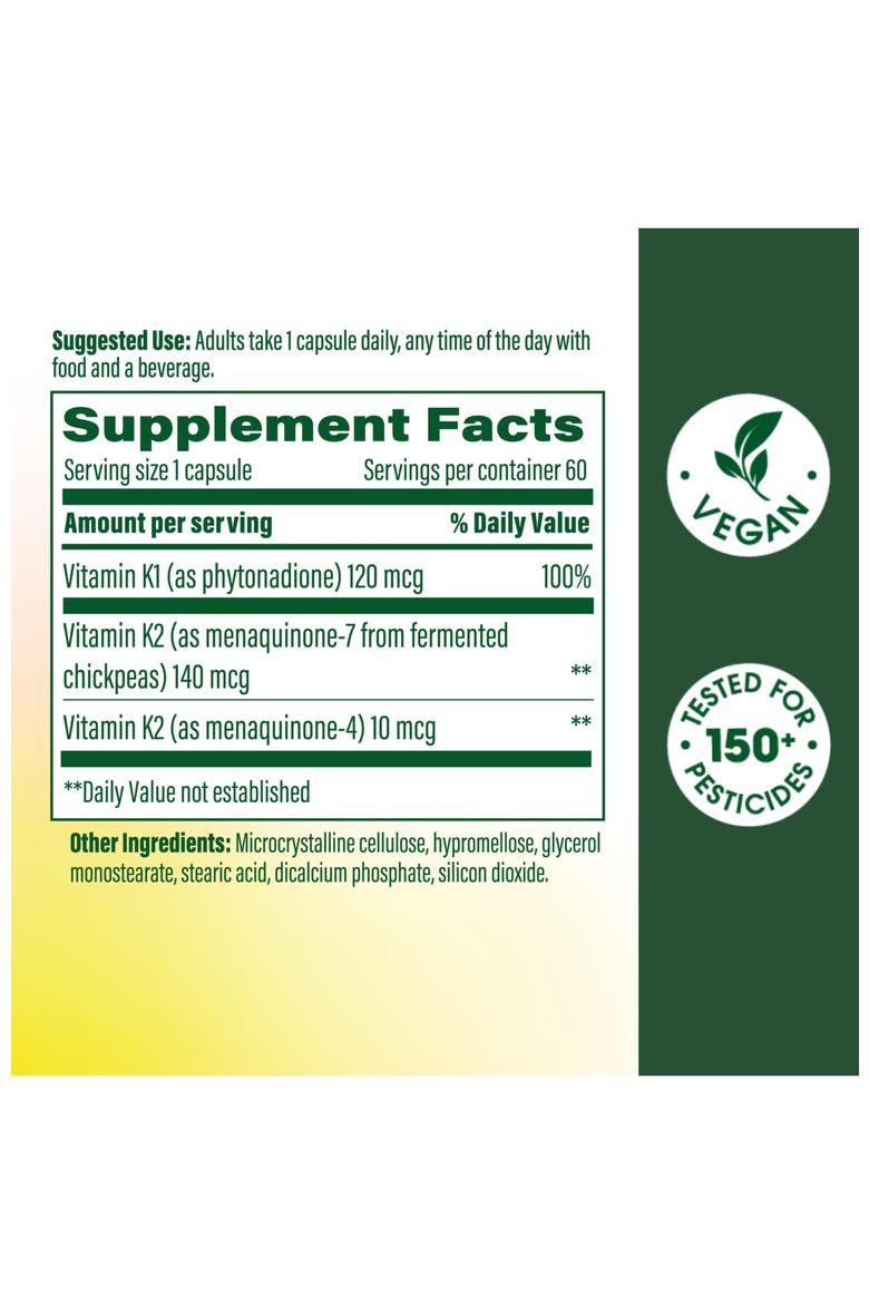 Vitamin K1 & K2 with Vitamin K2 MK7 from Fermented Chickpeas, Vegan, 60 Capsules, Alternate, color, None