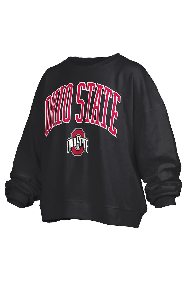 Women's Pressbox Black Ohio State Buckeyes Janise Arch Over Logo Waist Length Oversized Pullover Sweatshirt, Alternate, color, Black
