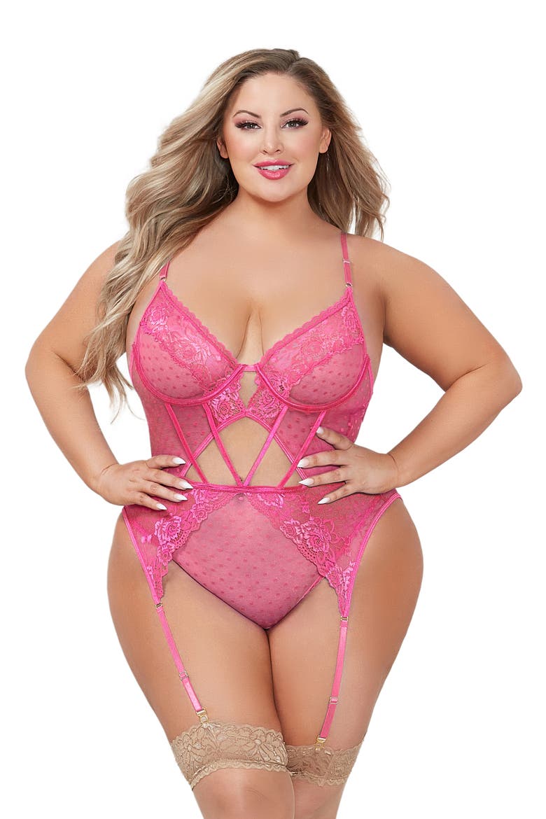 Lace & Mesh Dot Teddy, Alternate, color, PINK