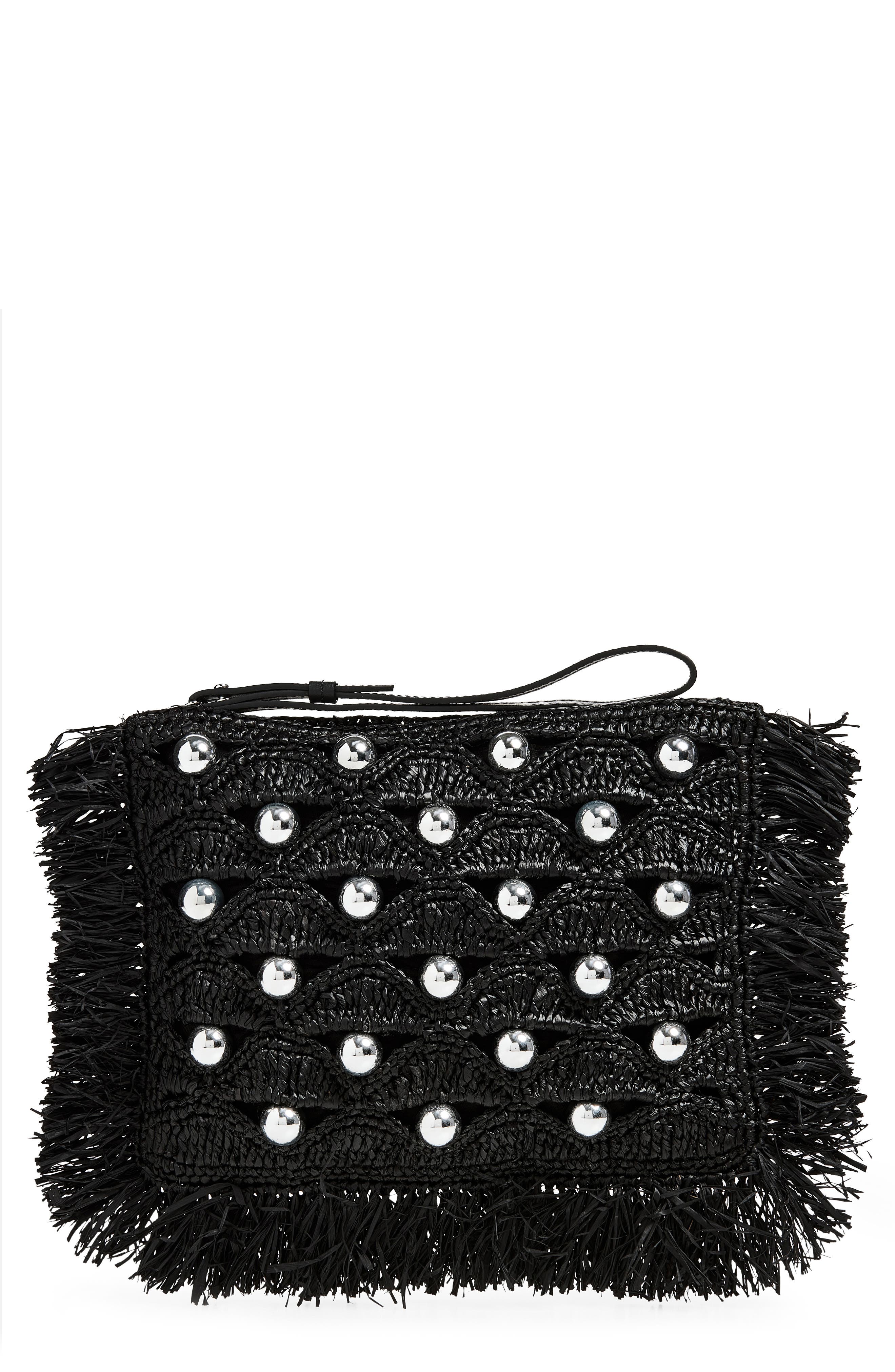 Bead Embellished Woven Raffia Pouch Wristlet, Main, color, BLACK / SILVER