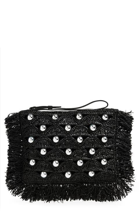 Bead Embellished Woven Raffia Pouch Wristlet