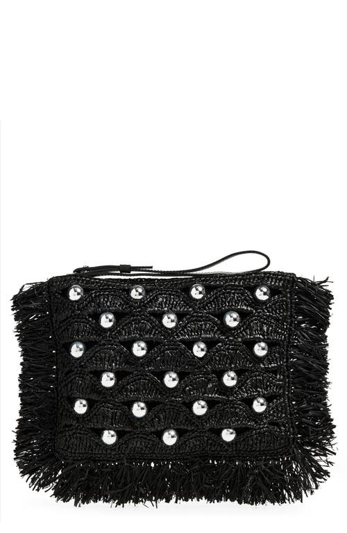 Rabanne Bead Embellished Woven Raffia Pouch Wristlet in Black/silver at Nordstrom