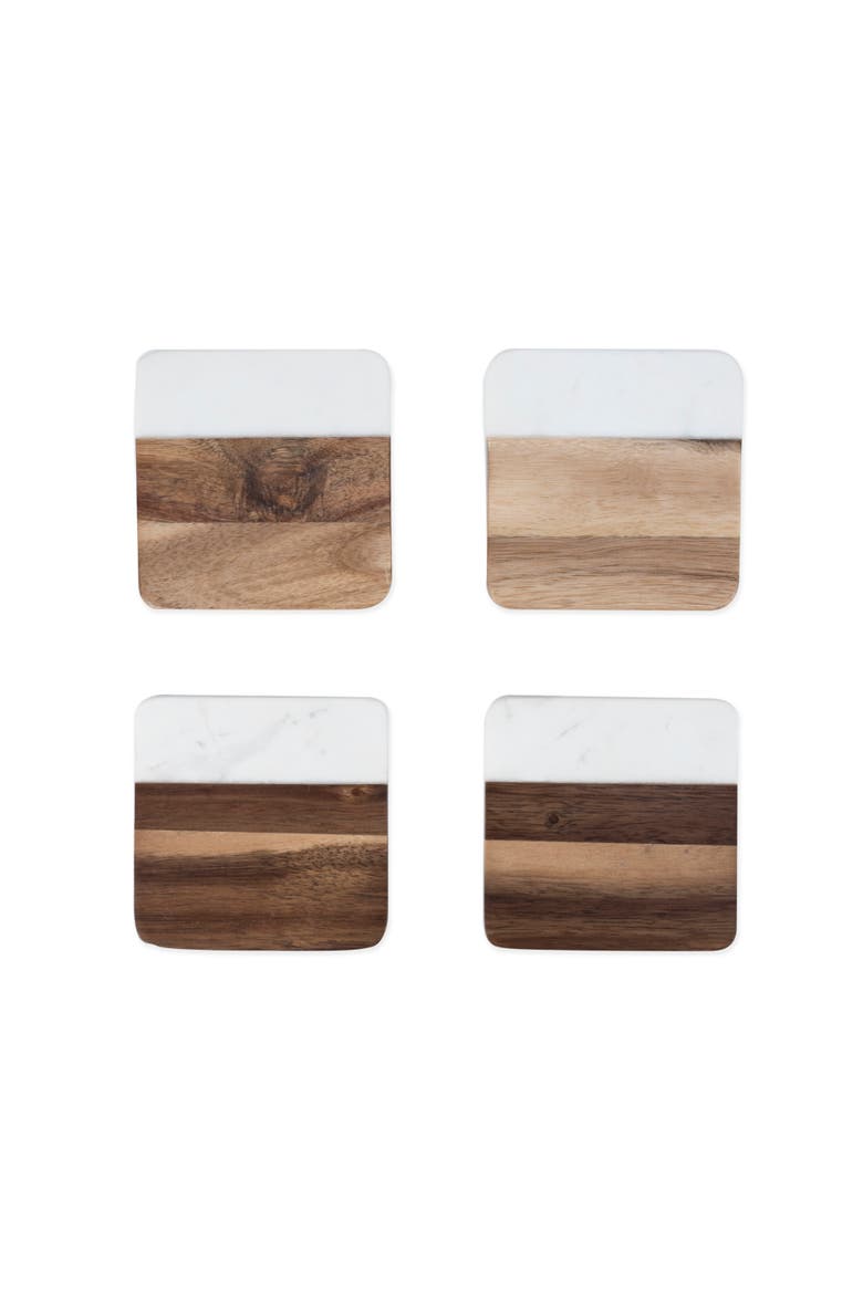 Marble & Acacia Coasters Set of 4, Main, color, White