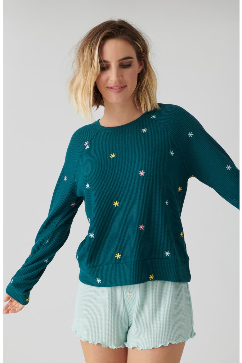 Take it Easy Embroidered Waffle Knit Pajama Top, Alternate, color, TEAL