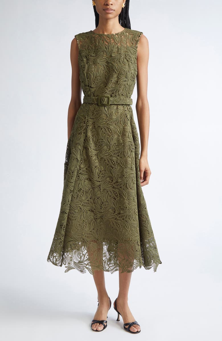 Oscar de la Renta Feather Guipure Lace Belted A-Line Dress, Main, color, Dark Moss