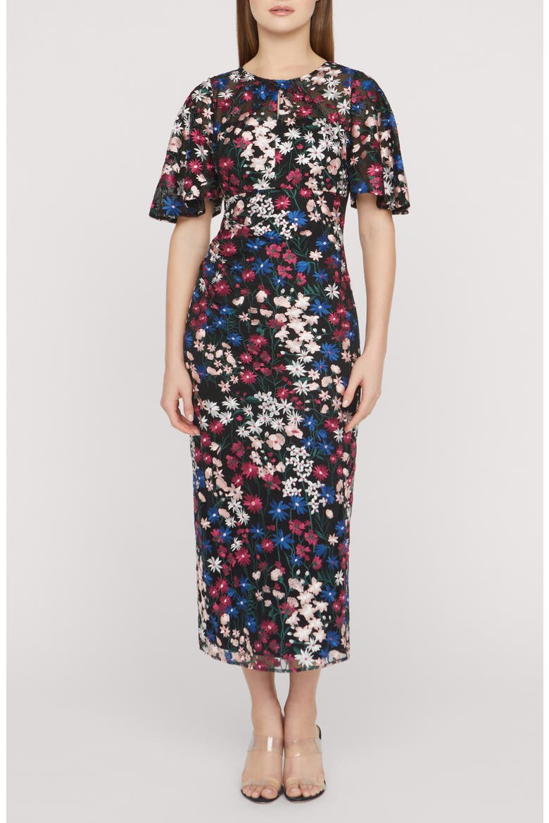 Ursala Embroidered Flutter Sleeve Gown, Main, color, BLACK MULTI