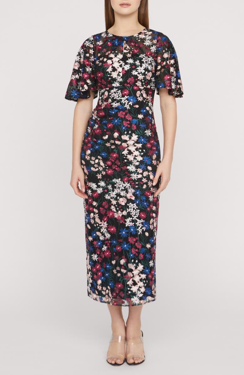 JS Collections Ursala Embroidered Flutter Sleeve Gown, Main, color, Black Multi