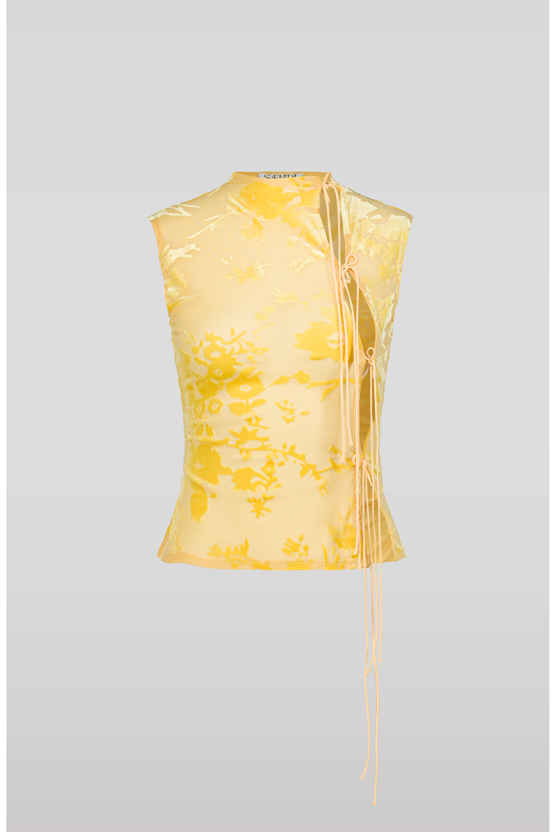 Flocked Floral Velvet Top, Main, color, Yellow Floral / Peach