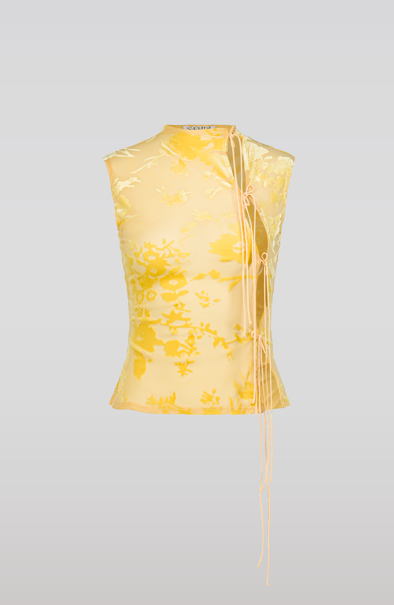 SAEMDI Flocked Floral Velvet Top, Main, color, Yellow Floral / Peach