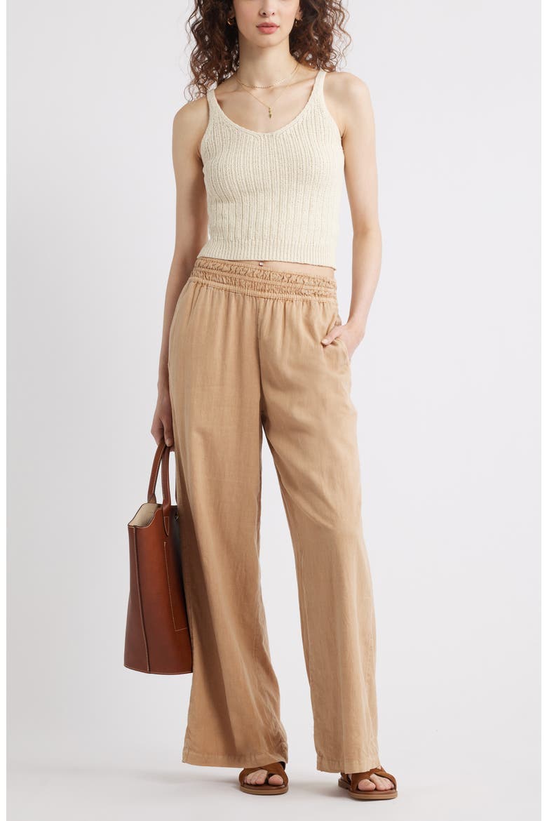 Linen Blend Smocked Waist Wide Leg Pants, Alternate, color, TAN ICED COFFEE