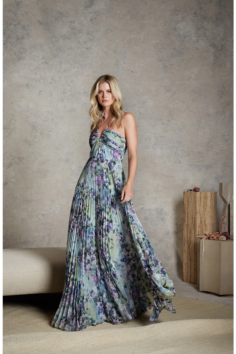 Halter Neck Floral Chiffon Gown, Alternate, color, PAINTED BOUQUET