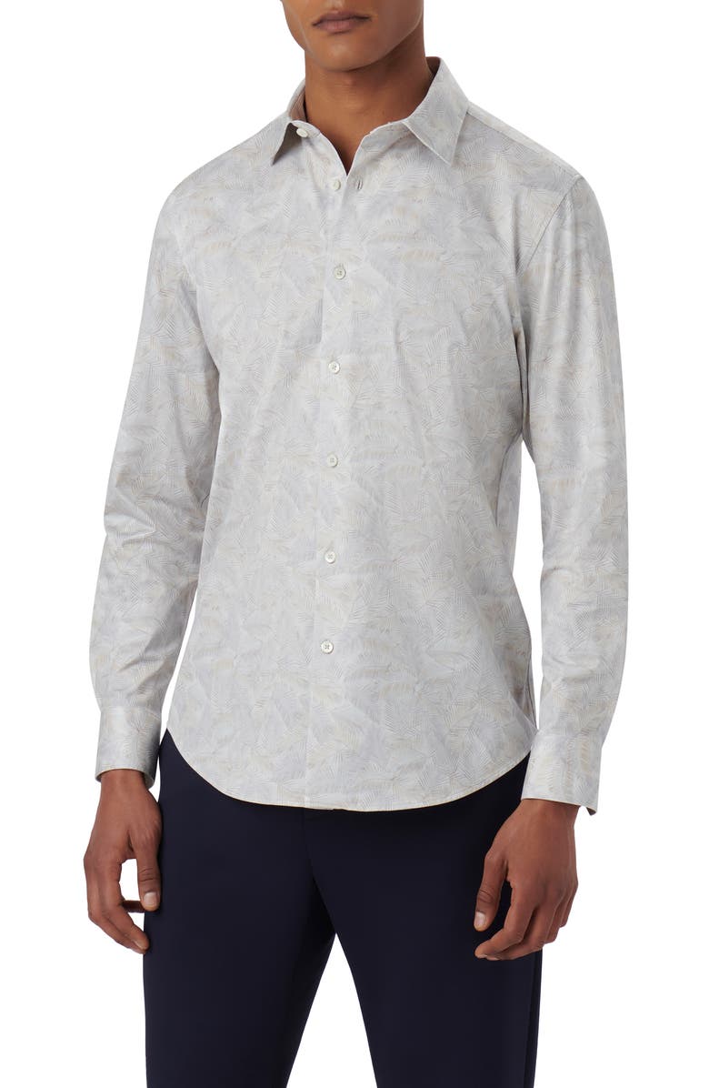 Bugatchi James OoohCotton<sup>®</sup> Leaf Print Button-Up Shirt, Main, color, Platinum