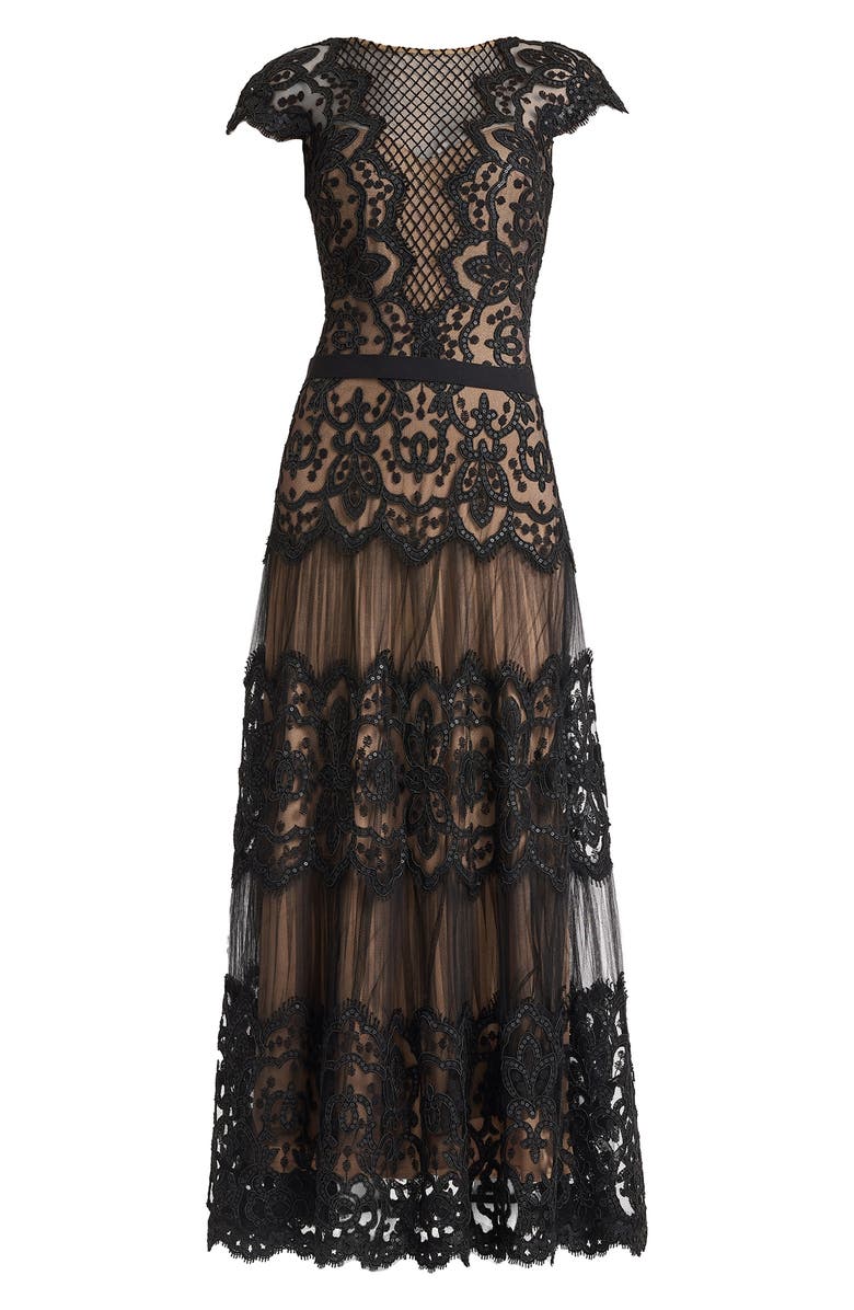 Tadashi Shoji Cap Sleeve Sequin & Lace Midi Dress, Alternate, color, Black/ Nude