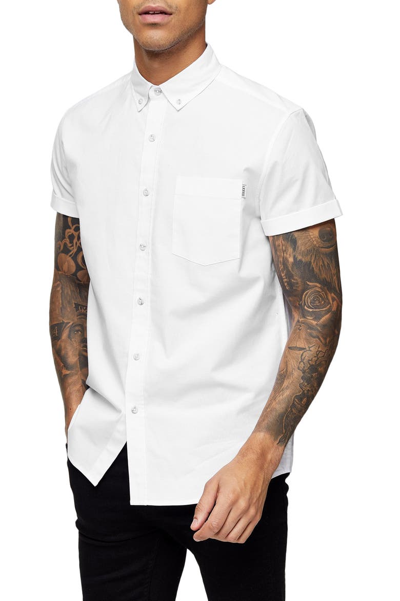 Muscle Fit Short Sleeve Button-Down Oxford Shirt, Main, color, WHITE
