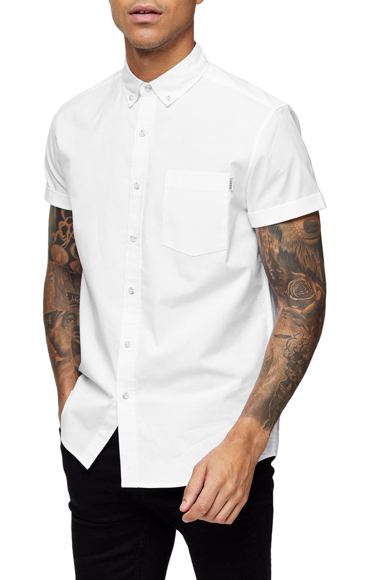 Topman Muscle Fit Short Sleeve Button-Down Oxford Shirt, Main, color,