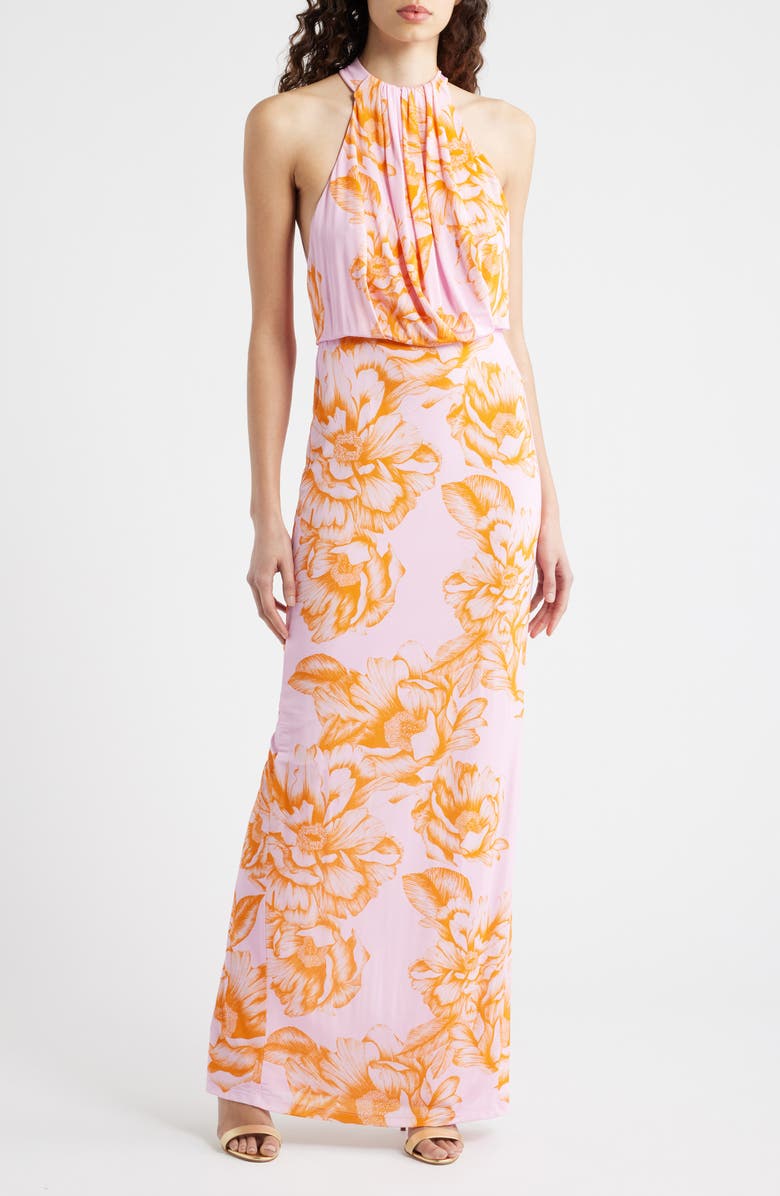 Black Halo Elowen Floral Drape Bodice Gown, Main, color, Fleur De Peony