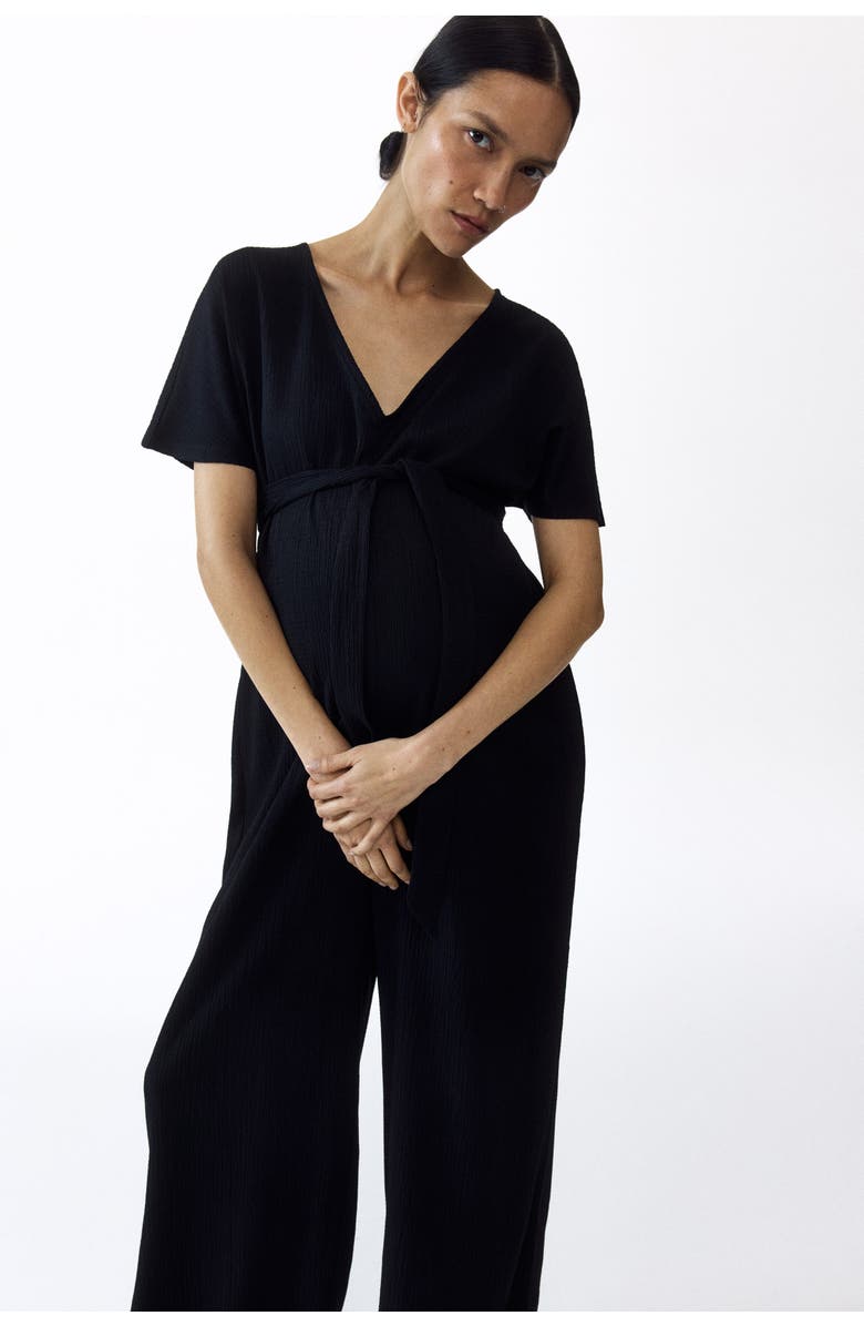 H&M Mama Short-sleeved Tie-belt Jumpsuit, Alternate, color, Black