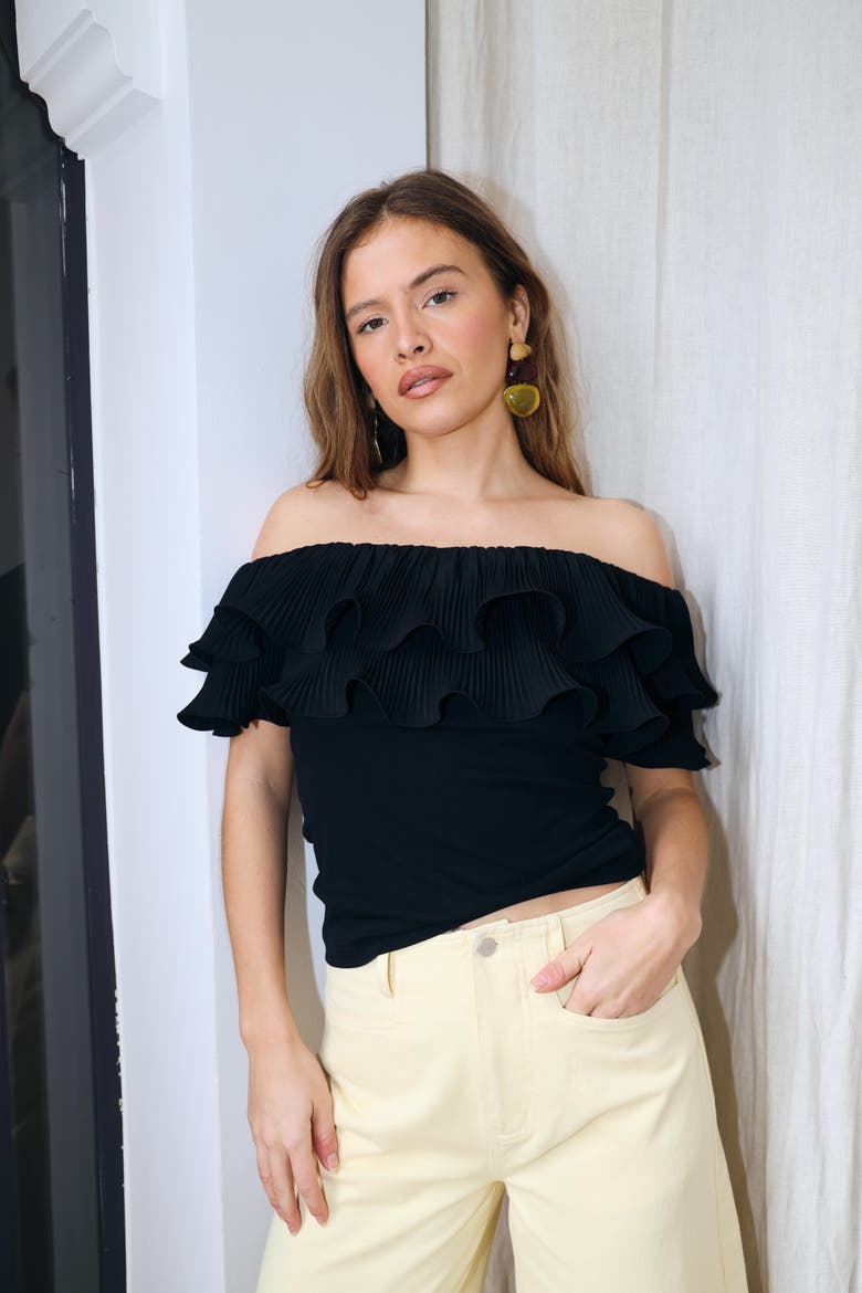 Flouncecras Ruffle Bardot Top, Alternate, color, Black