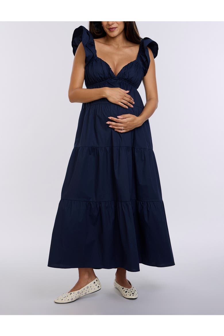 Ruffle Sleeve Tie-Back Maternity Maxi Dress, Main, color, Navy Blazer