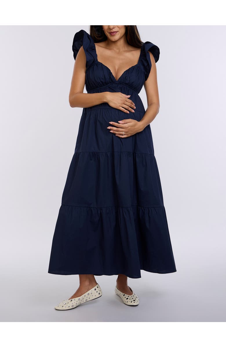 MOTHERHOOD MATERNITY Ruffle Sleeve Tie-Back Maternity Maxi Dress, Main, color, Navy Blazer