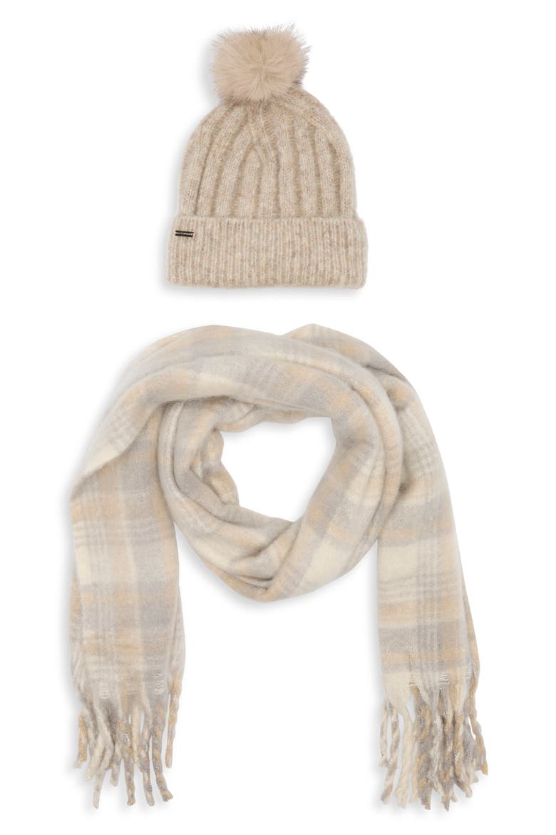 Chunky Ribbed Faux Fur Pompom Beanie & Scarf Set, Alternate, color, NEUTRAL