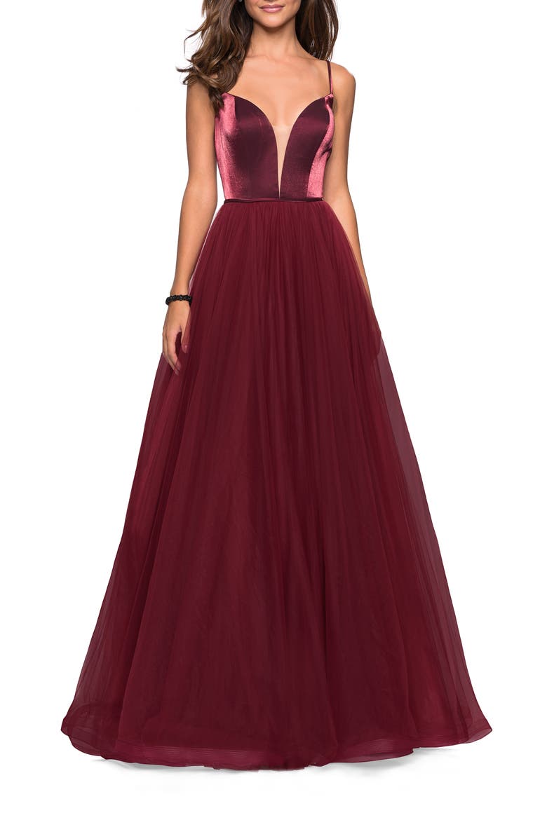 Plunge Velvet & Tulle Ballgown, Main, color, BURGUNDY