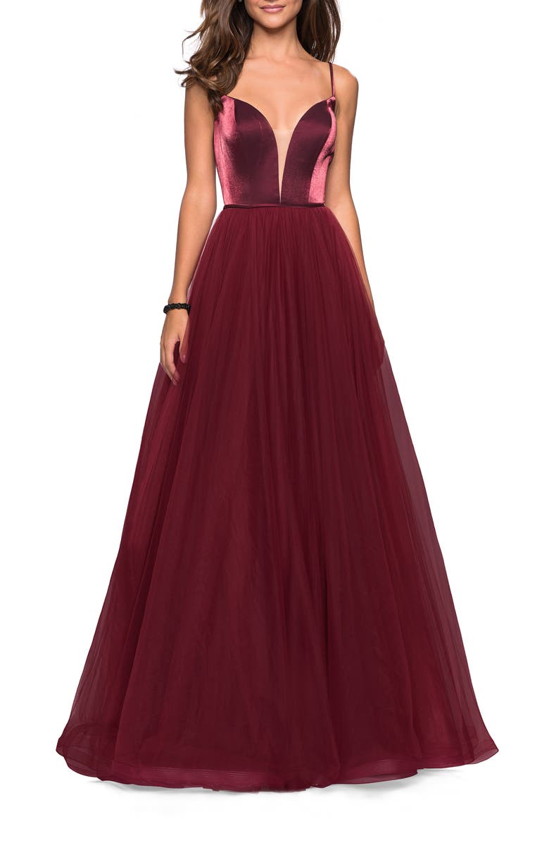 La Femme Plunge Velvet & Tulle Ballgown, Main, color, 