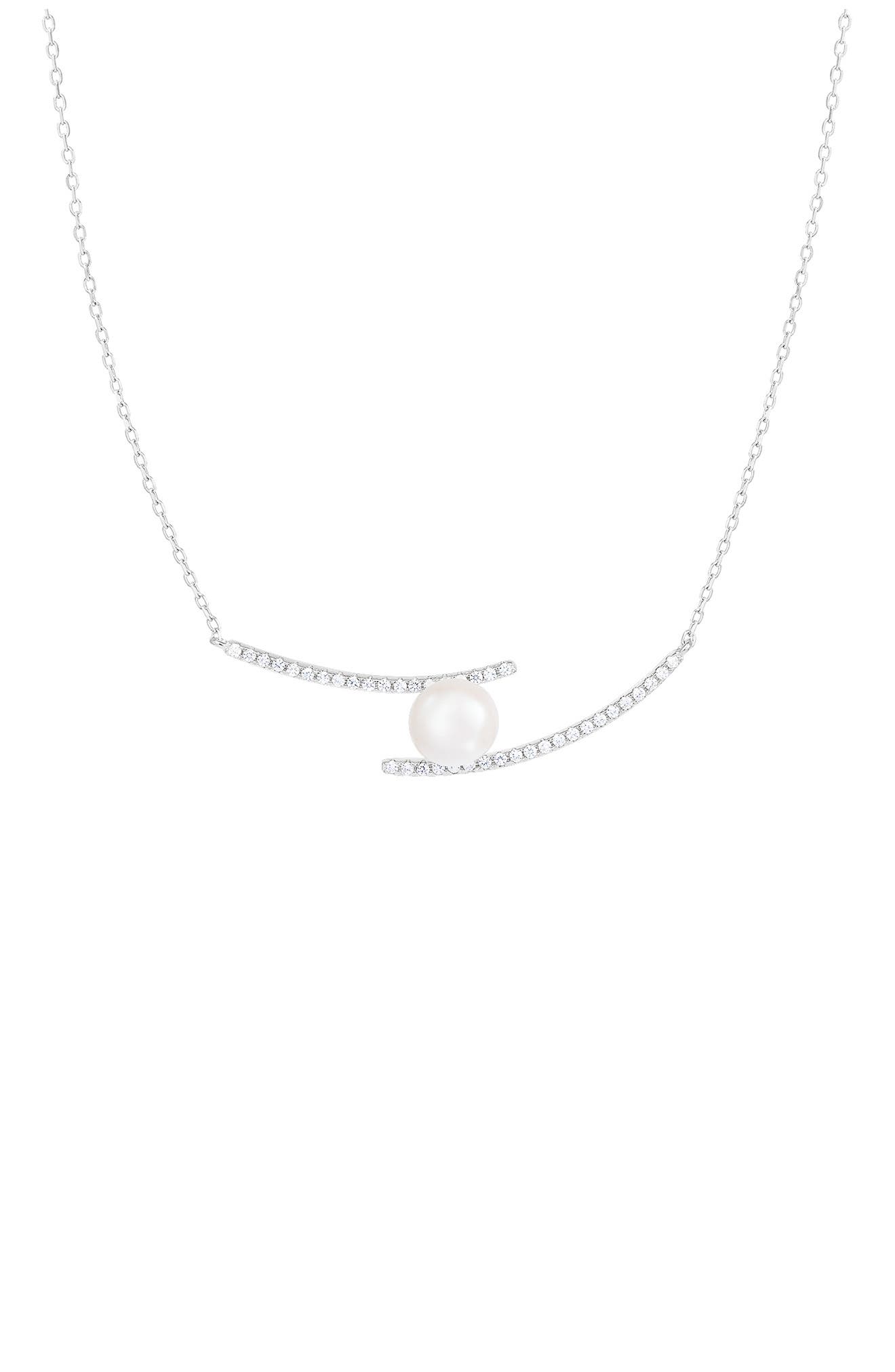 SPLENDID PEARLS Sterling Silver Pavé CZ 7.5-8mm Pearl Pendant Necklace