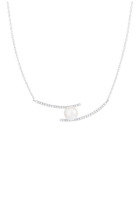 Sterling Silver Pavé CZ 7.5-8mm Pearl Pendant Necklace