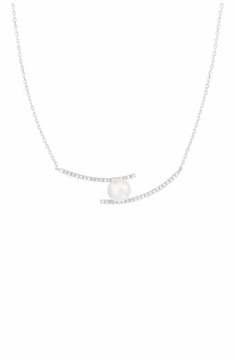 SPLENDID PEARLS Sterling Silver Pavé CZ 7.5-8mm Pearl Pendant Necklace