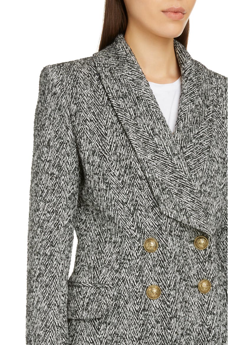 Double Breasted Chevron Tweed Coat, Alternate, color, NOIR/ BLANC