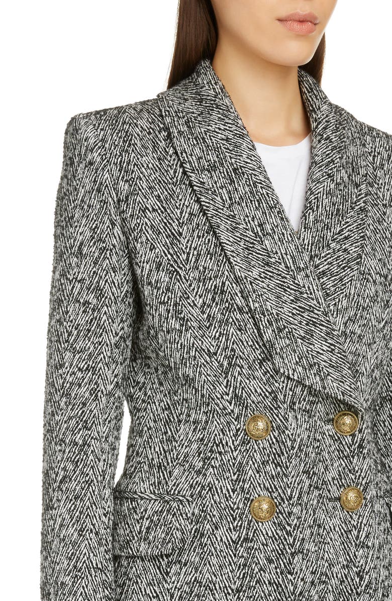 Balmain Double Breasted Chevron Tweed Coat, Alternate, color, 