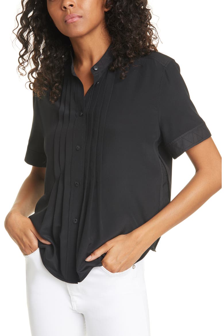Sarah Pleated Silk Blouse, Main, color, BLACK