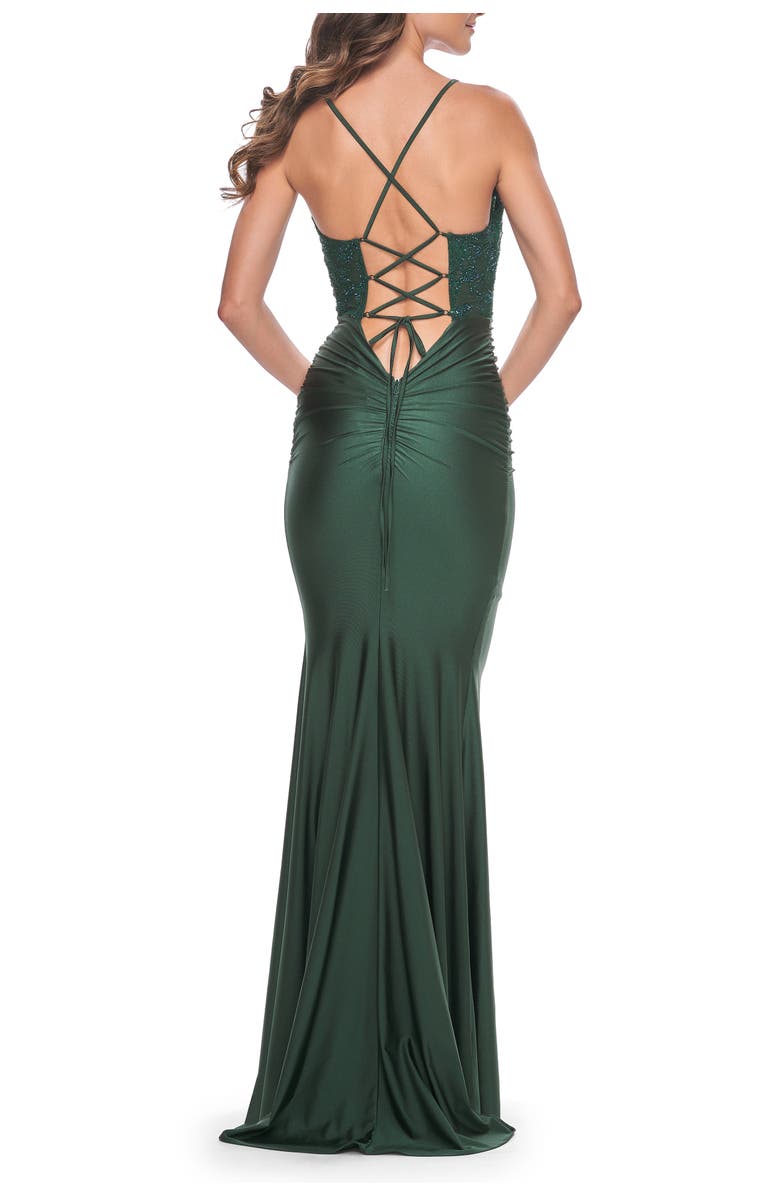 La Femme Ruched Jersey Dress with Illusion Corset Lace Top, Alternate, color, Dark Emerald