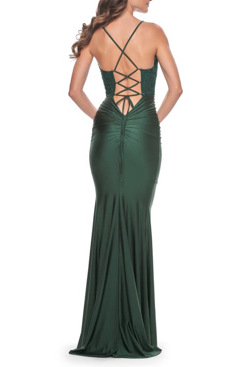 La Femme Ruched Jersey Dress With Illusion Corset Lace Top In Dark Emerald