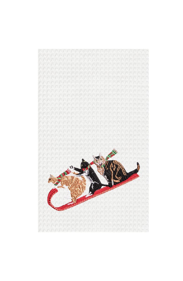 C&F Home Toboggan Sled Cats Embroidered 100% Cotton Waffle Weave Dishtowel, Alternate, color, White