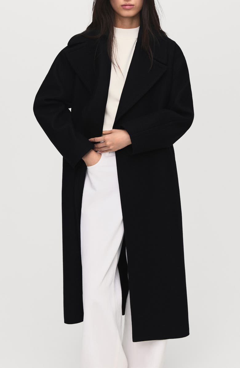 MANGO Belted Wool Blend Coat, Main, color, Black